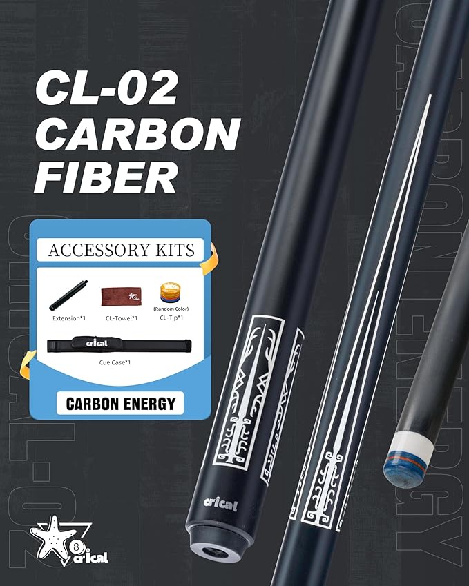 CRICAL Carbon Fiber Pool Cue Stick 58" Billiard Cue Sticks Professional Low Deflection Pool Sticks with 3/8 * 8 Pin Joint and 12.5mm Tip