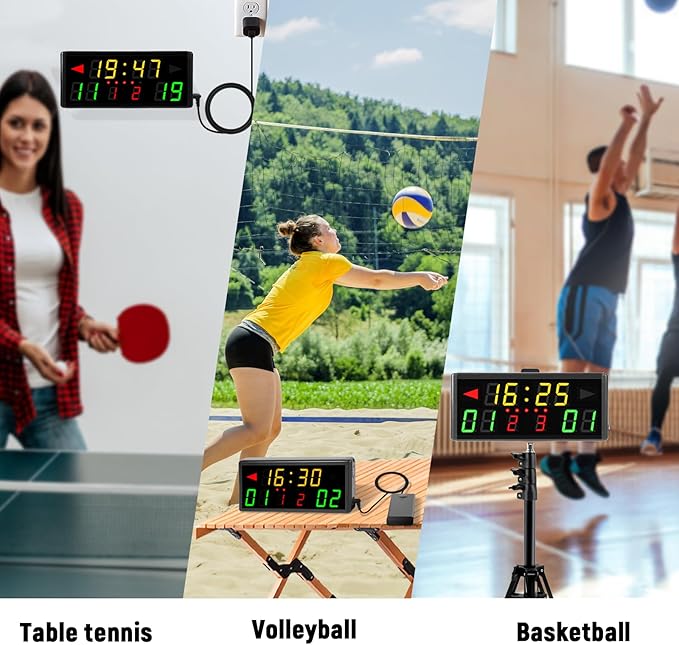 Samshow LED Electronic Scoreboard Digital Score Keeper with Remote & Tripod, Basketball Scoreboard with Shot Clock & Timer & 12/24h Real Time for Football/Corn Hole/ping Pong/Table Tennis