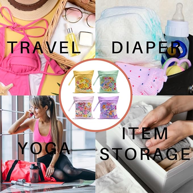4 Pack Cute Wet Bag Waterproof Washable Reusable Wet Dry Bag for Swimsuit Clothes Cloth Diaper Travel Beach Pool Yoga Gym Party Camping Toiletries Travel Beach Essentials,Floral Succulent Cat Gifts