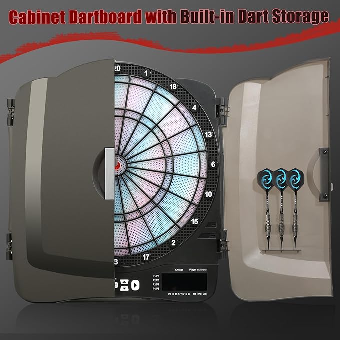 Electronic Dart Board Cabinet Set, Illuminated Target Dartboard for Adults Kids, 48 Games with 315 Variations Soft Tip Digital Dartboard Cabinets with 6 Darts, 100PCS Soft Tips