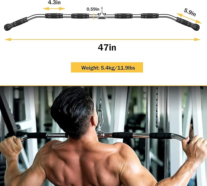 Time wave 47In LAT Pull Down Bar Attachment, Deluxe Revolving Bar with Full Rotation and Rubber Handle for Gym, Strength Workout Accessories, Body Training, Muscle Building and Weight Loss