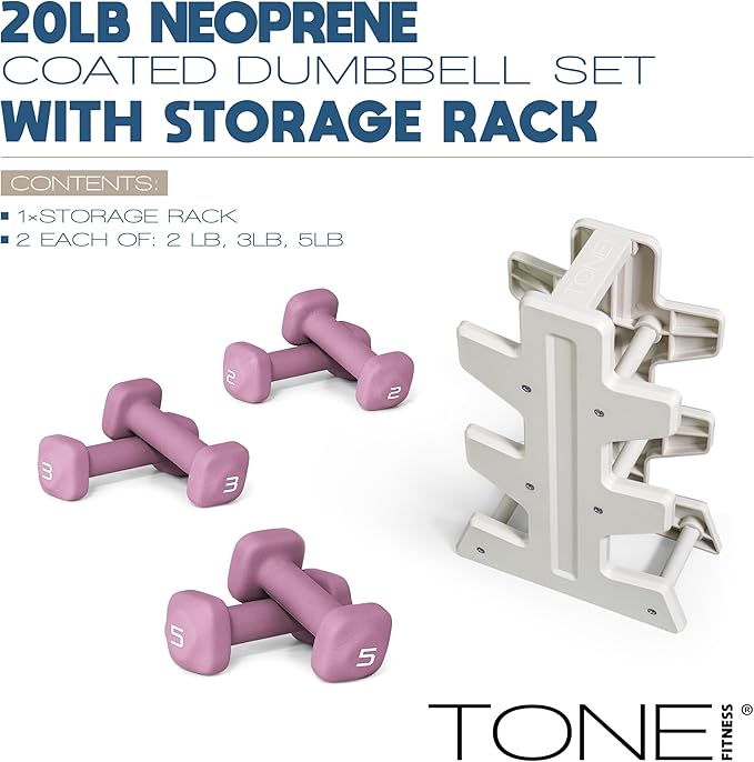 Tone Fitness Neoprene Dumbbell Set with Storage Rack – Non-Slip, Anti-Roll Hand Weights for Home Gym Workouts | 20 lb, 32 lb, & 50 lb Options