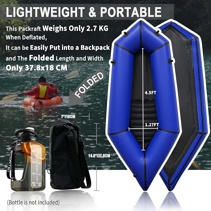 Lightweight Packrafts, TPU Inflatable Kayak for Flat Water Rafting Camping Trip/Fishing/Water Adventures 1 Person/2 Person Packraft, 330lb/660lb Weight Capacity