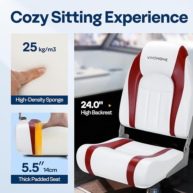 VIVOHOME Folding High Back Boat Seats 2 Pack, Waterproof Boat Captain Chairs, 4 Mounting Screws Included, White and Red