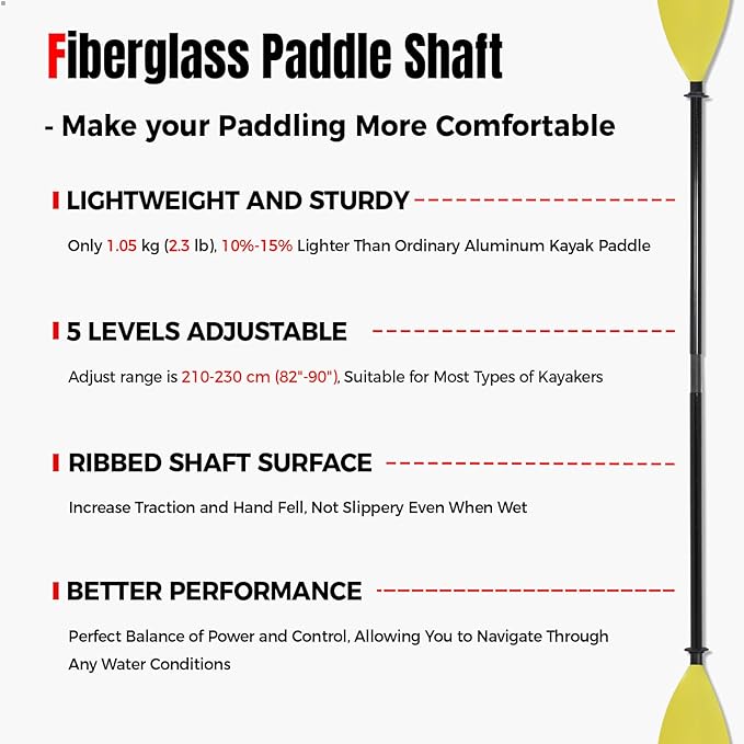 Kayak Paddle with Fiberglass Shaft and Reinforced Nylon Blade, Adjustable Kayaking Oars, 3 Piece, 230-250 cm/90-98 inches, 210-230 cm/82-90 inches