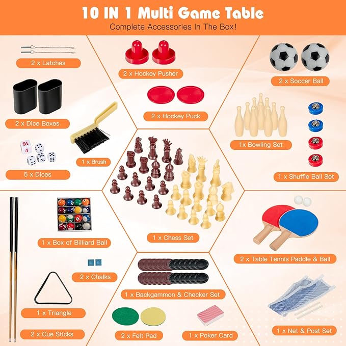 GYMAX Multi Game Table, 10 in 1 Combo Game Table w/Foosball Table, Hockey, Pool Table, Ping Pong, Shuffleboard, Bowling & 4 Board Games, Game Tables for Game Room, Home, Family