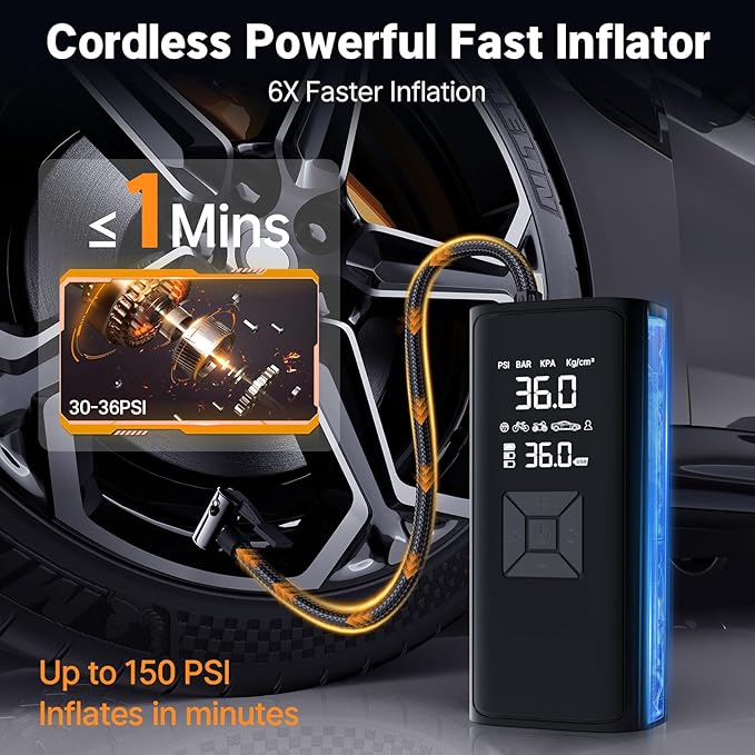 Tire Inflation Portable Air Compressor, 6x Speed 150 PSI Cordless Multi-Function Smart Air Pump with Digital Pressure Gauge - Fast Tire Inflator for Cars, Motorcycles, Pickup, Balls and More