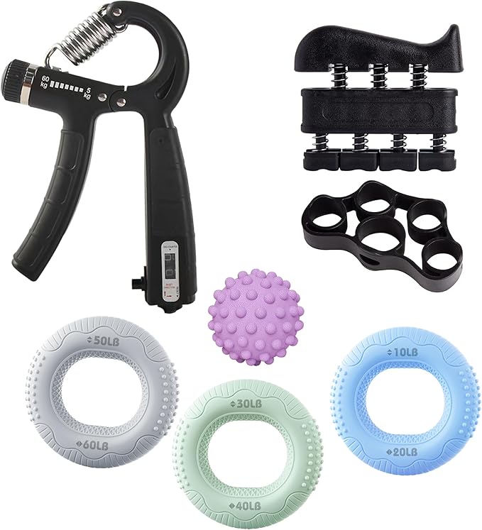 7 PCS Grip Strength Trainer Kit, Hand Gripper Strengthener, Forearm Strengthener, Finger Strengthener, Finger Exerciser, Massage ball, Forearm Workout Ring for Muscle Building and Injury Recover