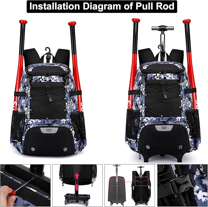 Softball Bag, Baseball Rolling Bat Bag - Wheeled for Youth Girls Adult, Lightweight Equipment Backpack With Shoe Compartment, Fence Hook for TBall, Helmet