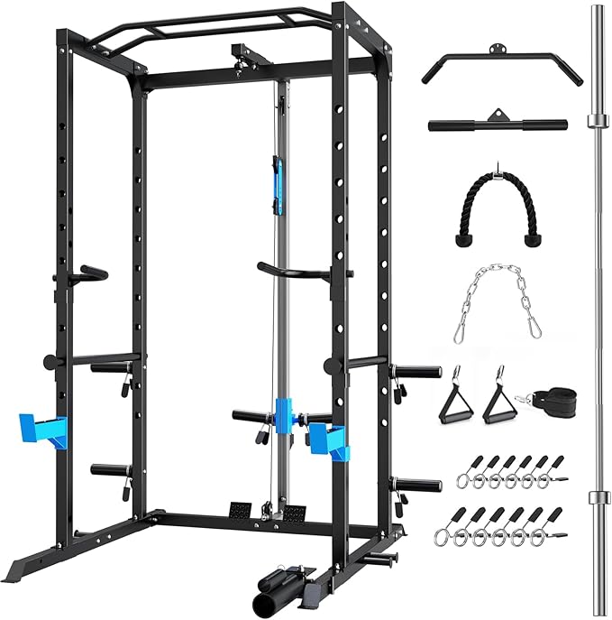 Power Cage, Multi-Functional Power Rack with J-Hooks, Dip Handles, Landmine Attachment and Optional Cable Pulley System for Home Gym