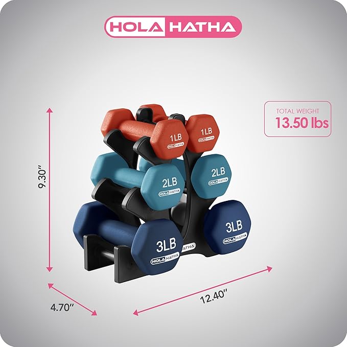 HolaHatha 2, 3, 5, 8, and 10 Pound Neoprene Dumbbell Free Hand Weight Set with Rack, Ideal for Home Exercises to Gain Tone and Definition, Pastel