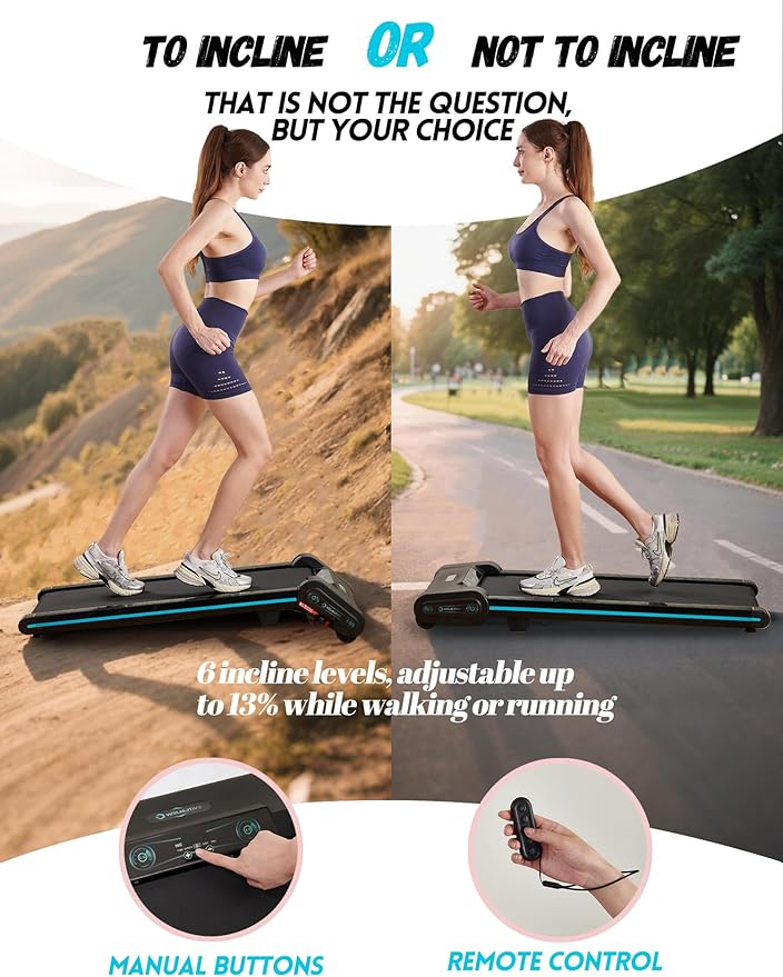Treadmill with Auto Incline Walking Pad Underdesk for Home Office Potable Compact Running Machine Jogging Caminadora para Casa Up to 13% 6 Levels with Remote Control Indoor Fitness Black