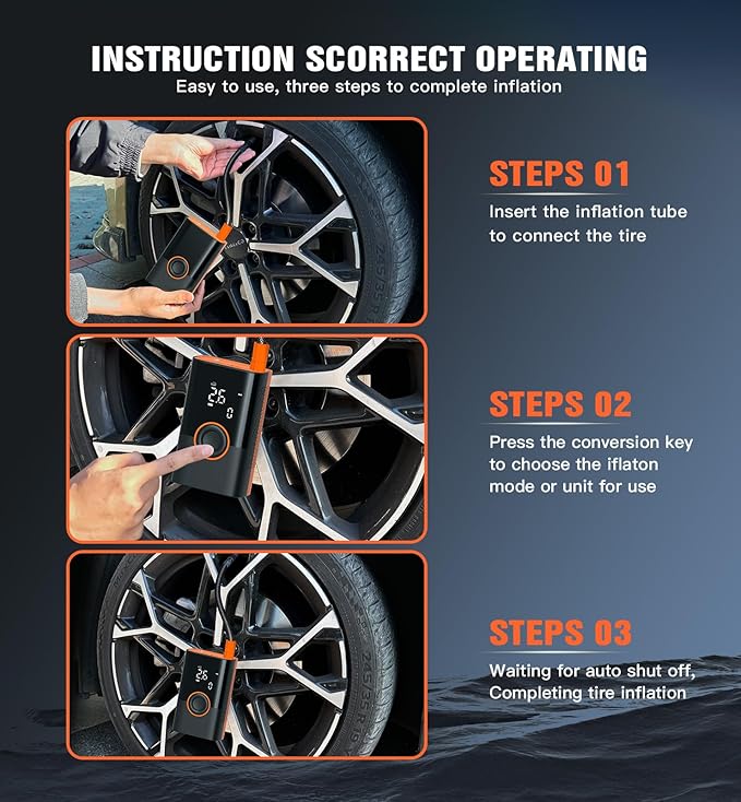 Tire Inflator Portable Air Compressor Portable Cordless Mini Air Pump with Digital Pressure Gauge Inflater 150PSI Fast Inflation and Auto Shutoff Function Tires Pump for Cars Motorcycles Bikes(Orange)