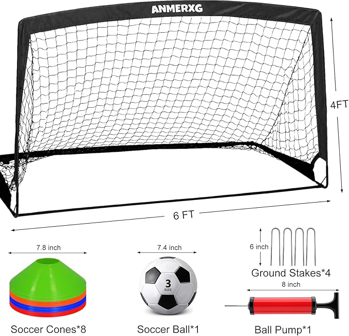 6x4FT Kids Soccer Goal for Backyard Set Portable Soccer Goal with Ball Pump and Cones Soccer Net Set of 2 Training Equipment Outdoor Sports Gift