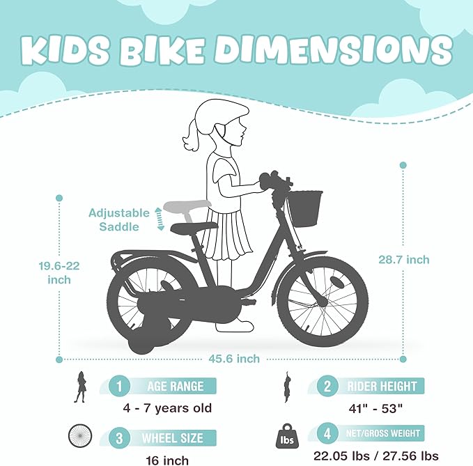 Kids Bike 16 inch Boys Girls Ages 4-7 Years Old Cruiser Bicycle with Woven Basket Single Speed for Youth Caliper Brake Band Brake Rear Rack Included Multiple Colors
