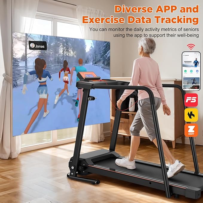 Treadmill for Seniors with Extended Long Handrails for Balance & Safety Foldable Elderly Treadmills for Home Composite Shock-Absorbing Treadmill for Seniors 300 lbs Capacity LCD Display APP Control