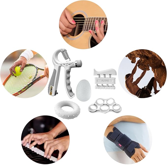 FLYFE Grip Strength Trainer Kit (5 Pack), Forearm Strengthener, Hand Squeezer Adjustable Resistance, Finger Stretcher, Grip Ring, Relief Ball and Finger Exerciser for Men and Women, Injury Recovery