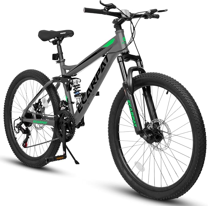 Ecarpat 24/26/27.5 Inch Mountain Bike, Dual/Front Suspension Mens Mountain Bike with 21 Speeds High-Carbon Steel Frame and Disc/V Brakes, Adult Sport Bicycle for Trail Snow Commuter City Road