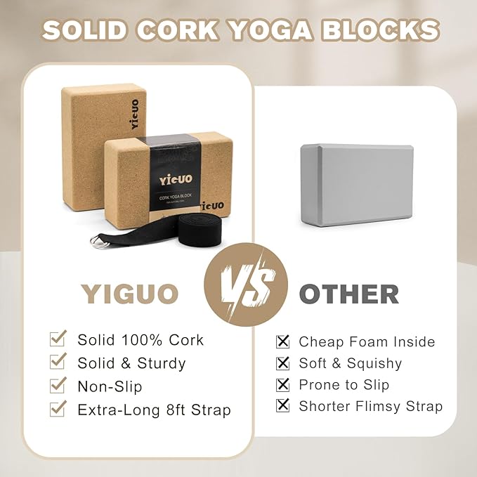 YIGUO Cork Yoga Blocks with Strap, 2 Pack Natural Yoga Block, Eco-friendly yoga blocks, High Density Non-Slip Yoga Accessories for Women, Ideal for Yoga, Pilates and Stretching, 9"x6"x3"