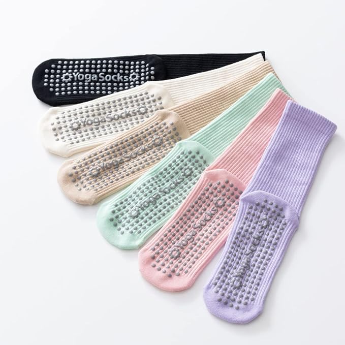 Yoga Pilates Socks with Grips for Women Non Slip Solid Colored Cushioned Crew Compression Socks for Barre Ballet Dance