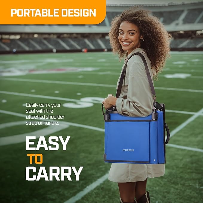 Extra Wide Folding Reclining Stadium Seat with Back Suppot for Bleachers, Bleacher Hooks, Thick Cushion, Cup Holder, Storage Pockets – Portable Chair for Kayak, Canoe, Paddle Board, Concerts, & Sports