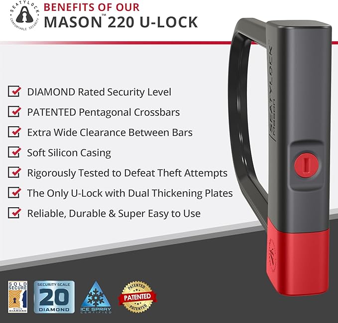 Seatylock Mason Bike U Lock - Patented Heavy Duty Anti Theft Diamond Secure ULock - Ultra Security Bicycle Safety Tool with Keys for City Electric or Mountain Bikes and Scooters