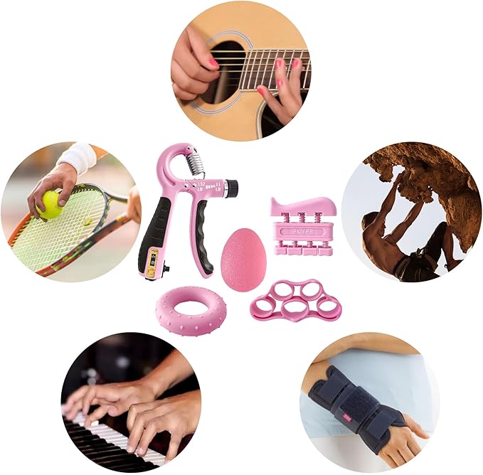 FLYFE Grip Strength Trainer Kit (5 Pack), Forearm Strengthener, Hand Squeezer Adjustable Resistance, Finger Stretcher, Grip Ring, Relief Ball and Finger Exerciser for Men and Women, Injury Recovery