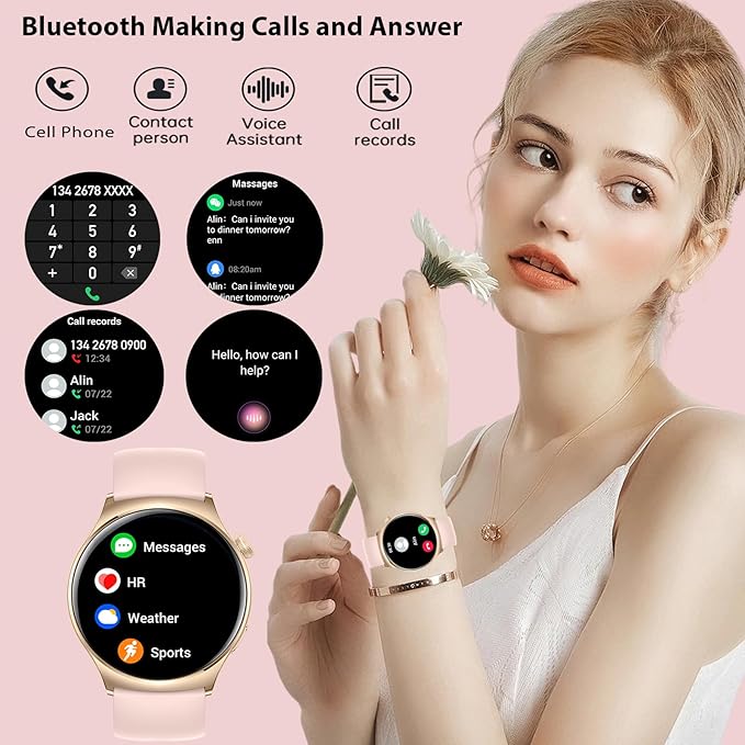 Smart Watch for Women Men,1.43" AMOLED Screen SmartWatches with Bluetooth Call ,Fitness Tracking with Heart Rate Sleep Monitor with 100+ Sport Modes ,Waterproof Fitness Watch for Android iPhone, Pink