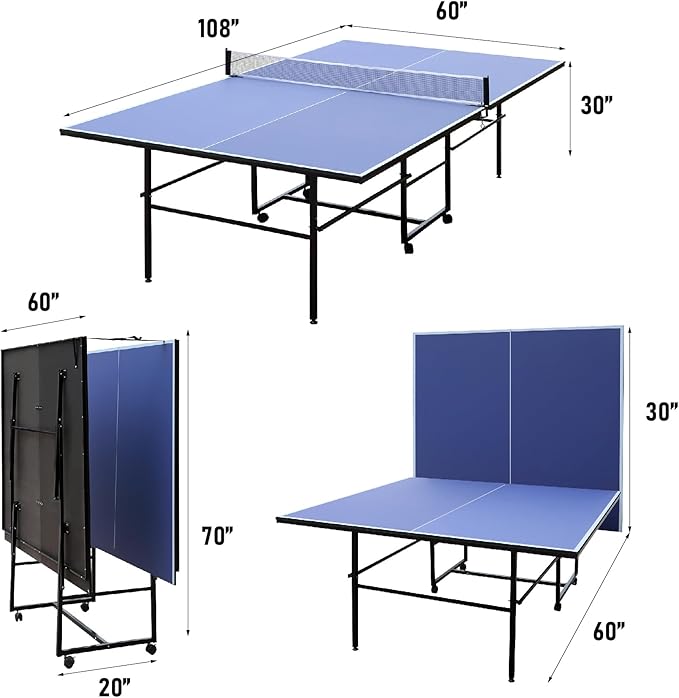 9FT Mid-Size Table Tennis Table, Professional Foldable Ping Pong Table for Indoor & Outdoor with Net, 2 Table Tennis Paddles and 3 Balls - Perfect for Family Game Rooms