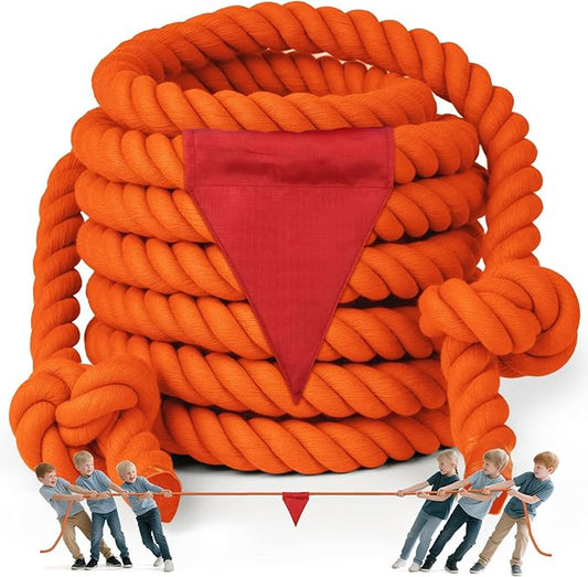 X XBEN Tug of War Rope with Flag for Kids 40FT, Teens and Adults, Soft Cotton Rope Games for Team Building Activities, Family Reunion, Birthday Party Orange