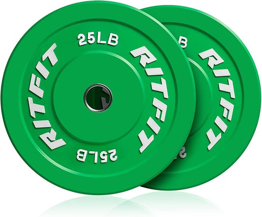 RitFit Color Coded Olympic Bumper Plate for Barbell - 2-Inch Weight Plates With Steel Insert, Rubber Weights for Strength Training in Home Gym