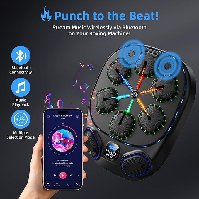 Music Boxing Machine with LED Lights & Bluetooth Speaker – Interactive Punching Bag for Fitness, Rhythm Training & Stress Relief – Home Gym Equipment for Adults