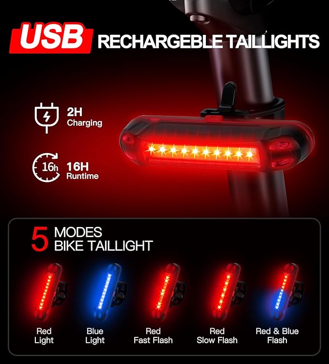 Bike Light Set USB Rechargeable - 5400mAh Bike Headlight & Taillight with Digital Display, 3 LED Super Bright 1600 Lumen 6 Lights Modes for All Bicycles, Road, Mountain, Night Riding