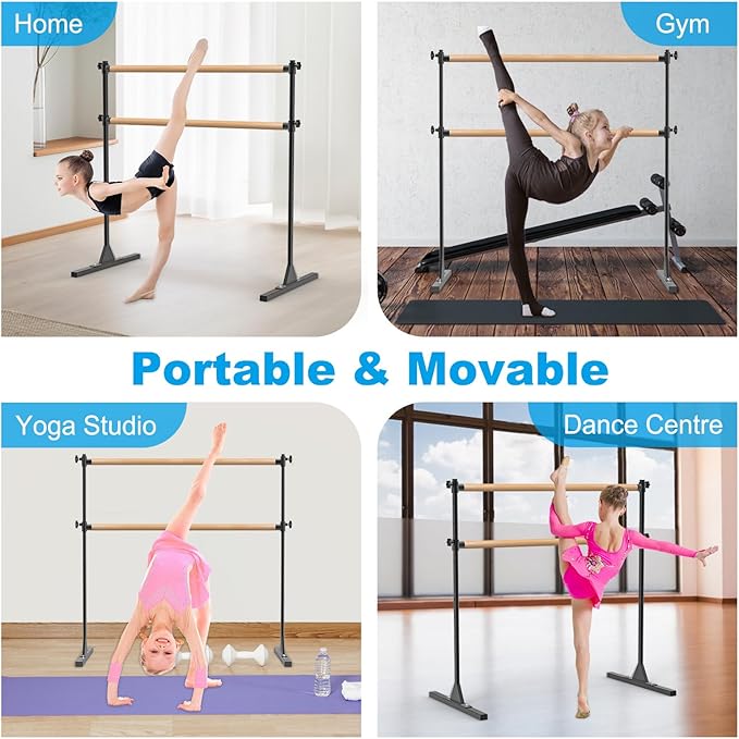 4FT/5FT/6FT Height Adjustable Freestanding Ballet Barre with Fabric Sleeve Portable Double Ballet Bar 350 lbs Capacity Heavy Duty Dance Barre for Home Workout, Stretch