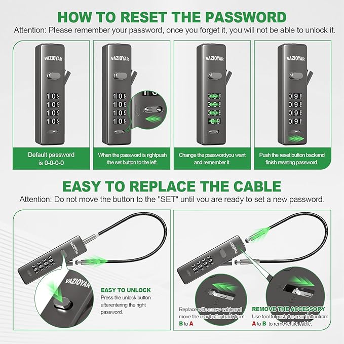 Cable Locks with Combination,Bicycle Lock, Suitcases Lock,Comes with 3 Different Lengths of Cables, Reconfigurable 4-Digit Password Lock,Zinc Alloy Reinforced Lock Body (Gun-Grey)