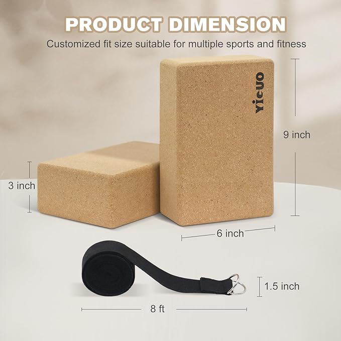 YIGUO Cork Yoga Blocks with Strap, 2 Pack Natural Yoga Block, Eco-friendly yoga blocks, High Density Non-Slip Yoga Accessories for Women, Ideal for Yoga, Pilates and Stretching, 9"x6"x3"