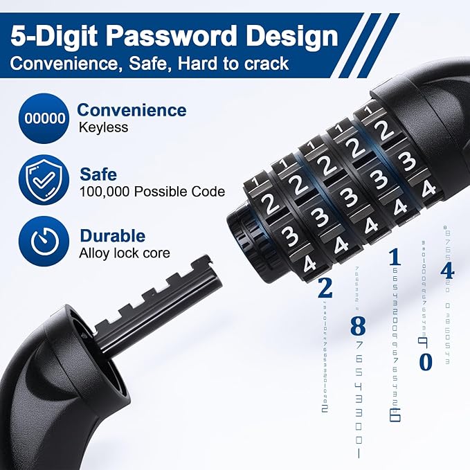 NDakter Bike Chain Lock, 5 Digit Combination Heavy Duty Anti Theft Bicycle Chain Lock,2.62/3.2/4.27/5/6Ft Long Security Resettable Bike Locks for Bike, Bicycle, Scooter, Door, Gate, Fence-4/6mm Thick