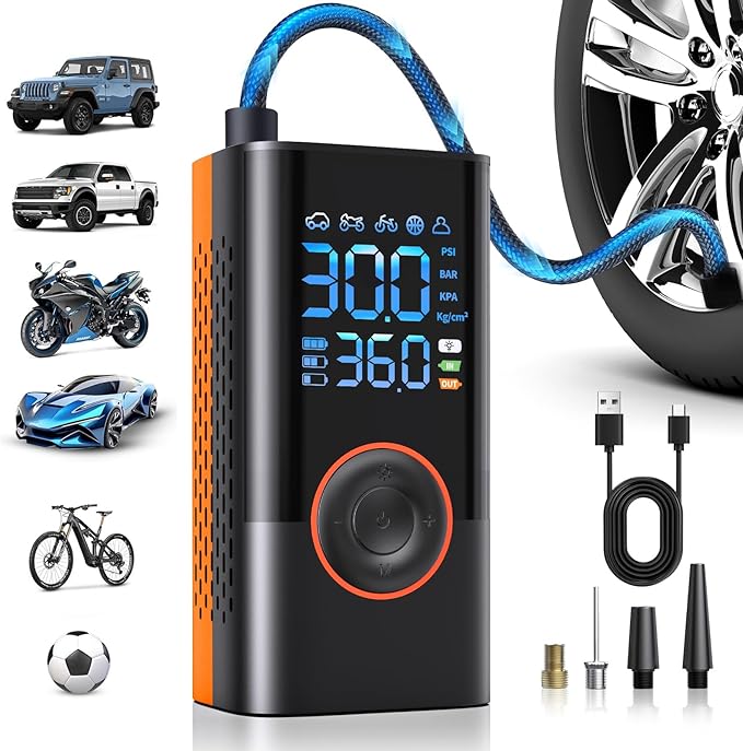 Tire Inflator Portable Air Compressor Portable Cordless Mini Air Pump with Digital Pressure Gauge Inflater 150PSI Fast Inflation and Auto Shutoff Function Tires Pump for Cars Motorcycles Bikes(Orange)