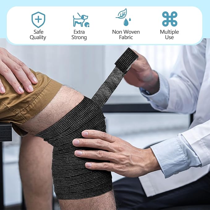 Treela 48 Pack Self Adhesive Wrap Bandage Bulk, Self Adherent Cohesive Bandage Elastic Athletic Tape Breathable Wound Tape for Stretch Athletic Sports Wrist Ankle (Black,1 Inch X 5 Yards)