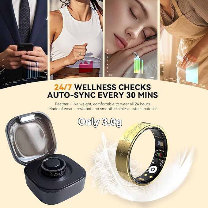 Ultra Smart Ring for Women Men,Health Fitness Tracker with Sleep/Blood Pressure/Oxygen Monitoring, Heart Rate & Activity Tracking,IP68 Waterproof, 5+Day Battery,No Subscription Fee 1-Gold 8