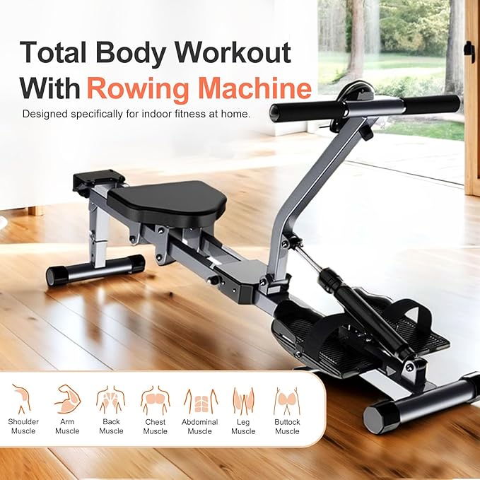 Rowing Machine, Compact Adjustable Rowing Machine 12 Levels of Complete Body Workout Resistance for Home, Low-Impact