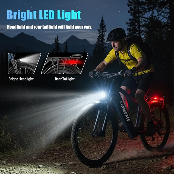 Tomofree Electric Bike for Adults, 21-Speed Mountain Ebike, Peak 1200W 24MPH Brushless Motor, Up to 30 Miles 37V Battery, 26X2.1 Tires Step-Over Electric Bycicle for Commute