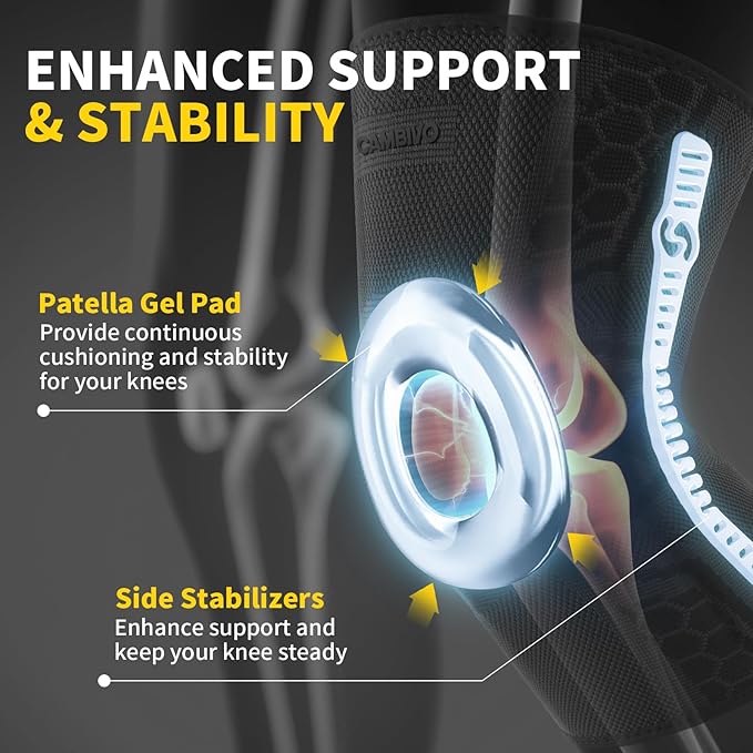 CAMBIVO 2 Pack Knee Brace for Men and Women, Knee Sleeves for Men with Patella Gel Pad and Side Stabilizers, Knee Compression Sleeves for Knee Pain Relief, Running, Workout, Daily Use