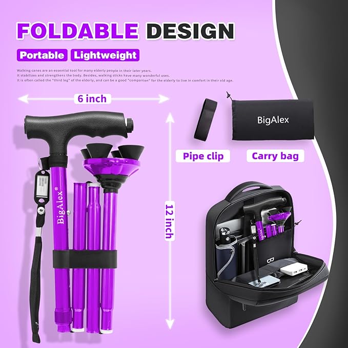 BigAlex Folding Walking Cane with LED Light,Pivoting Quad Base,Adjustable Walking Stick with Carrying Bag for Men/Women