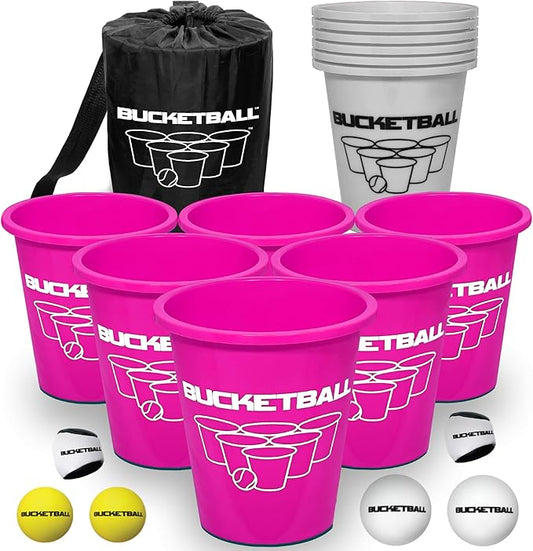 BucketBall | Team Color Edition | Combo Pack (Pink/Silver): Original Yard Pong Game: Best Camping, Beach, Lawn, Outdoor, Family, Adult, Tailgate, Jumbo, Giant Game