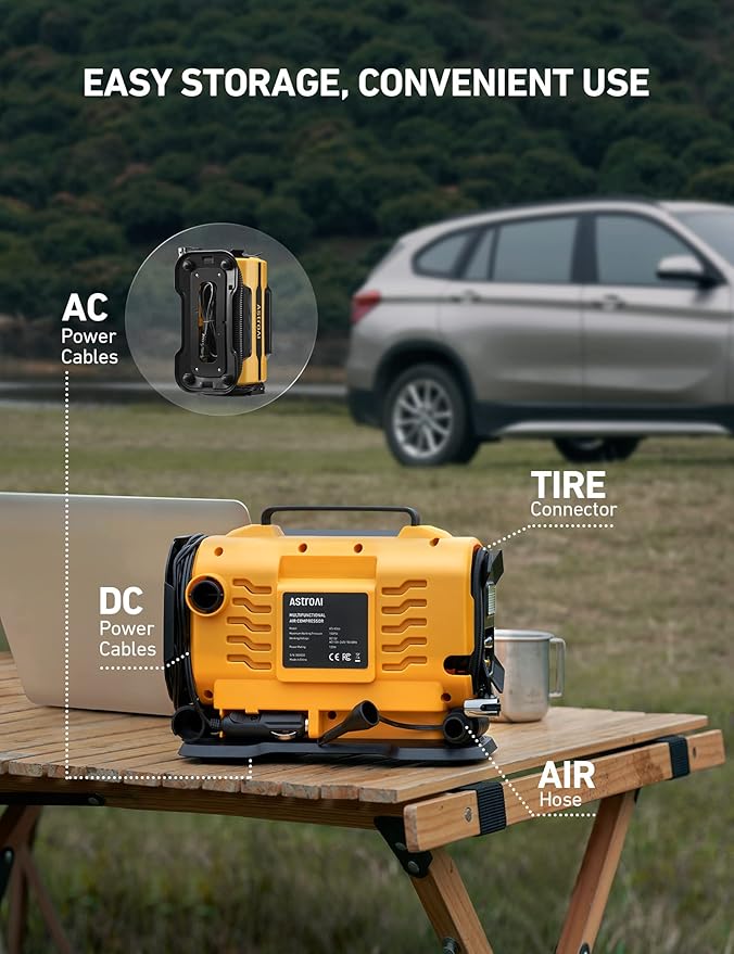 AstroAI Tire Inflator Portable Air Compressor Pump 150PSI 12V DC/110V AC with Dual Metal Motors &LED Light, Automotive Car Accessories&Two Modes for Car, Bicycle Tires and Air Mattresses, Yellow