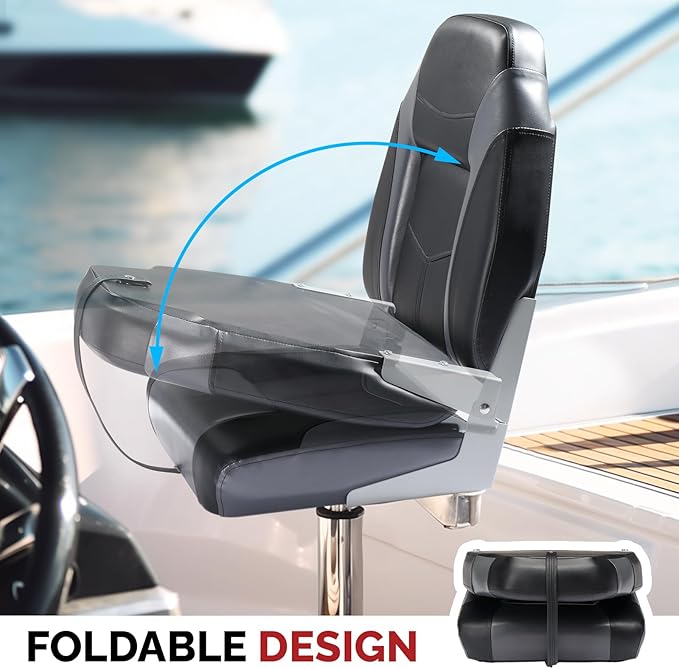 PEXMOR Boat Seats Low/High Back, Folding Boat Seat Included, Fold-Down Fishing Boat Seats Waterproof Captain Boat Seat w/Aluminum Hinges & Thick Soft Cushion, 2 Packs (High Back-Grey & Black)