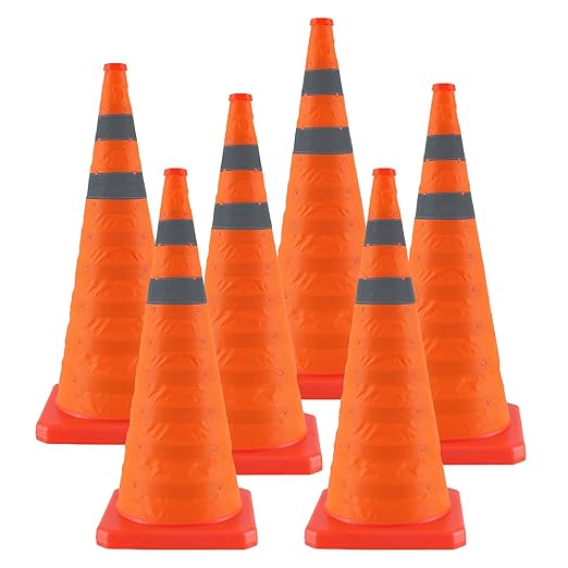 28 Inch 6 Pack Collapsible Traffic Safety Cones, Orange Cones with Reflective Collar, Portable Multipurpose Traffic Cones for Parking Construction Driving Training Sports Practice
