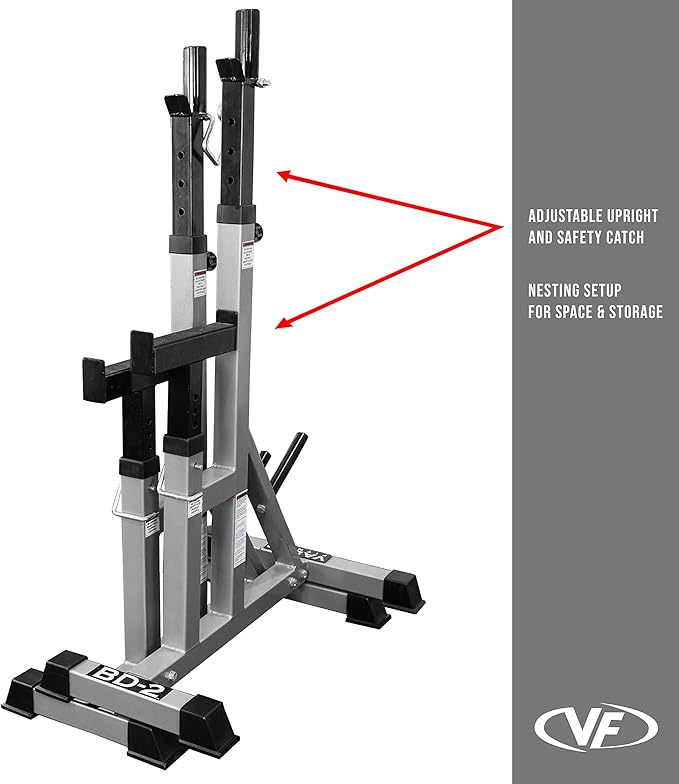 Valor Fitness Independent Squat and Bench Press Stands – Adjustable Uprights with J-Hooks, Bar Catches, Safety Arms, and Plate Storage – Strength Training Rack for Home Gym Workouts