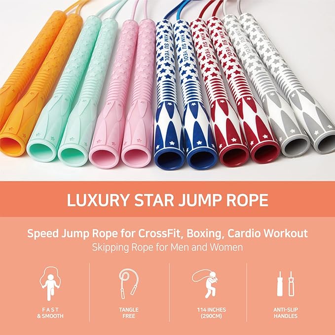 Skipping Jump Rope for Fitness Workout - Light Weight, Adjustable, Tangle Free, Excellent line control for Cardio Boxing, CrossFit, Training Exercise All Ages and Gender ( Special Luxury, KA-220, Made in Korea)